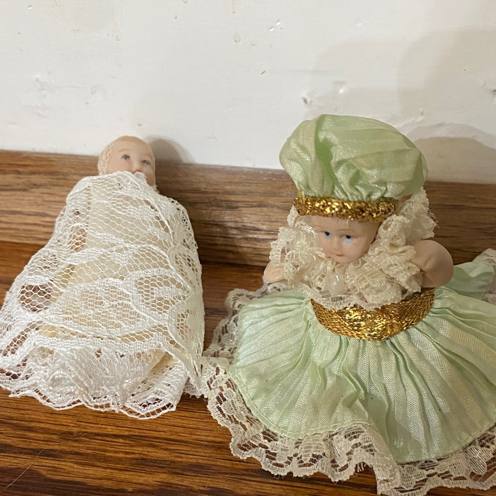 Vintage Porcelain Doll Set with Lace and Green Dress